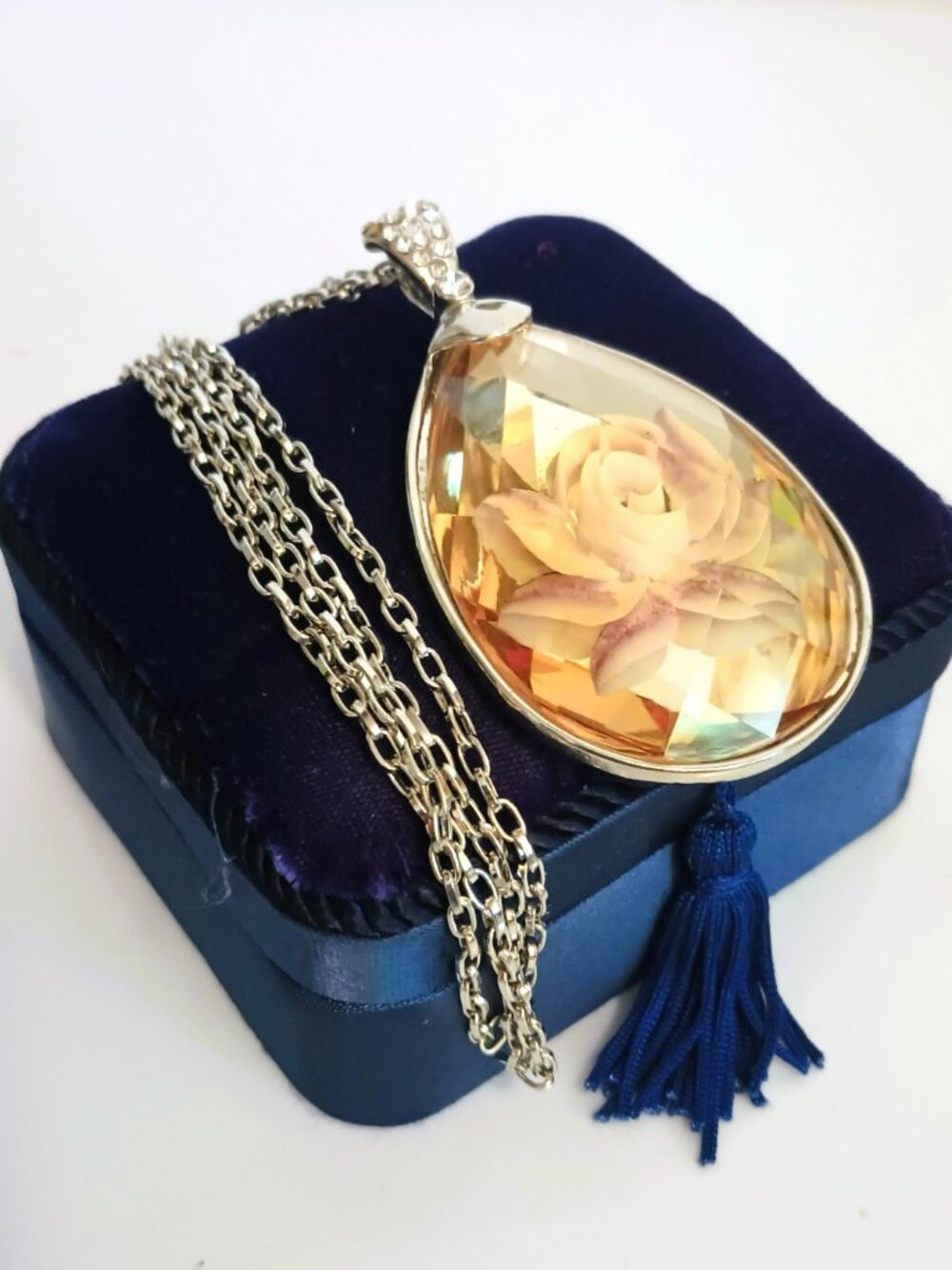 Yellow Rose Teardrop Pendant Necklace 30" Silver Tone Floral Fall Jewelry